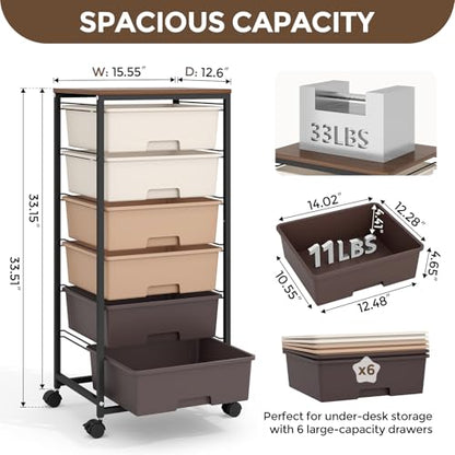 6 Drawer Rolling Storage Cart with Wooden Top and Wheels for Crafts,Brown | Easy Setup, Large Capacity, Sturdy Build, Lockable Mobility, For office, classroom and art studio supplies - color: Brown