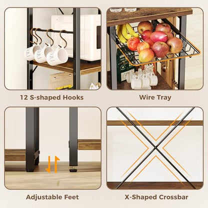 SUPERJARE Larger Bakers Rack with Power Outlets, 6-Tier Microwave Stand, Coffee Bar with 12 S-Shaped Hooks, Kitchen Shelf with Wire Basket, 47.2 x 15.5X 66.9 Inches, Rustic Brown - color: Rustic Brown, size: 47.2inch