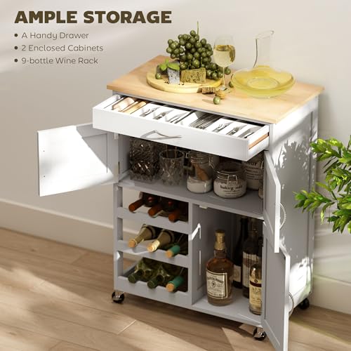 HOMCOM Bar Cart on Wheels with 9-Bottle Wine Rack, Wooden Countertop, White | Rolling Kitchen Island, Small Kitchen Cart, Wide Drawer, Island Table