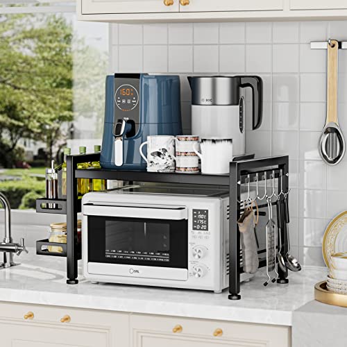 YIUKEA Extendable Microwave Oven Rack - Over Microwave Shelf Countertop 2 Tier Kitchen Microwave Stand (L15.7~23.6" xW12.8 xH17.7) with Spice Rack and 6 Hooks Black - color: Black with Spice Rack