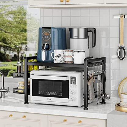 YIUKEA Extendable Microwave Oven Rack - Over Microwave Shelf Countertop 2 Tier Kitchen Microwave Stand (L15.7~23.6" xW12.8 xH17.7) with Spice Rack and 6 Hooks Black - color: Black with Spice Rack