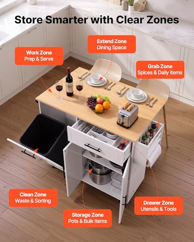VEVOR Kitchen Island Cart with Storage, 46.06 in Wide Mobile Rolling Storage Island on Swivel Wheels, with Drawer, Storage Cabinet, Drop Leaf, Spice/Towel Rack, Table for Home Dining Room, White - size: 46.06"W (dropleaf)