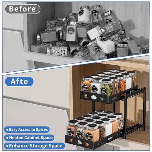 Pull Out Spice Racks for Inside Cabinets, 2 - Tier Cabinet Spice Rack Organizer, Height Adjustable Vertical Spice Rack for Cabinet, Kitchen, Pantry, Cupboard (7.5''Wx10.8''Dx9.2''H, Metal Black) - size: 7.5''Wx10.8''Dx9.2''H,2 Tier