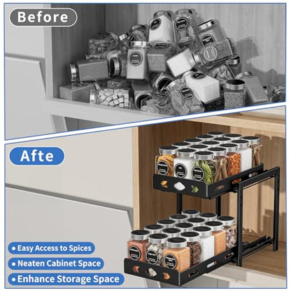 Pull Out Spice Racks for Inside Cabinets, 2 - Tier Cabinet Spice Rack Organizer, Height Adjustable Vertical Spice Rack for Cabinet, Kitchen, Pantry, Cupboard (7.5''Wx10.8''Dx9.2''H, Metal Black) - size: 7.5''Wx10.8''Dx9.2''H,2 Tier