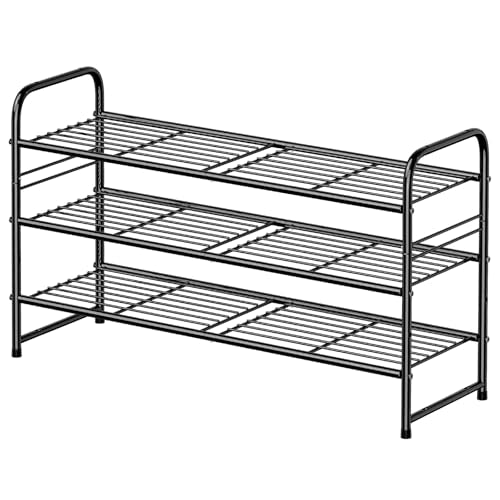 Heavy Duty Metal Shoe Rack 3-Tier 32.5 Inches Wide Shoe Organizer for Indoor Outdoor | Stackable & Adjustable | Ideal for Entryway Closet & Garage | Black - color: Black, size: 3 Tier(32 inch)