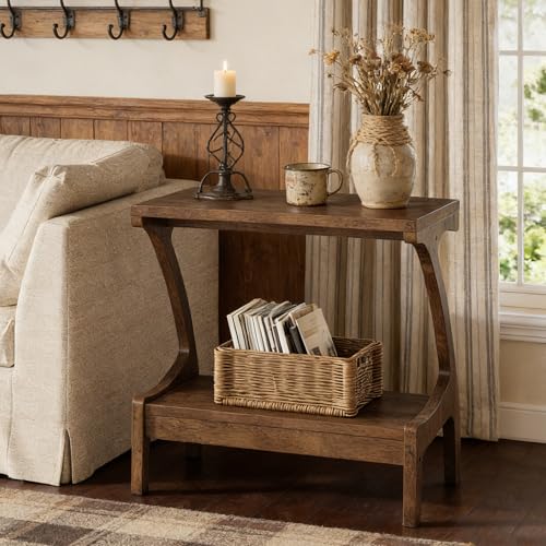 Solid Wood End Table with 2-Tier Storage Shelf, Narrow Side Table for Living Room, Bedroom, Small Spaces, Natural Wood Paint Finish, Easy Assembly - color: Brown