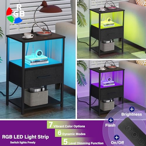TUTOTAK LED Nightstand Set of 2, Night Stand with Charging Station, End Table, Bedside Table with Fabric Drawer, Side Table for Livingroom and Bedroom, Black TB01BK0692L - color: Black, style: Plug&LED