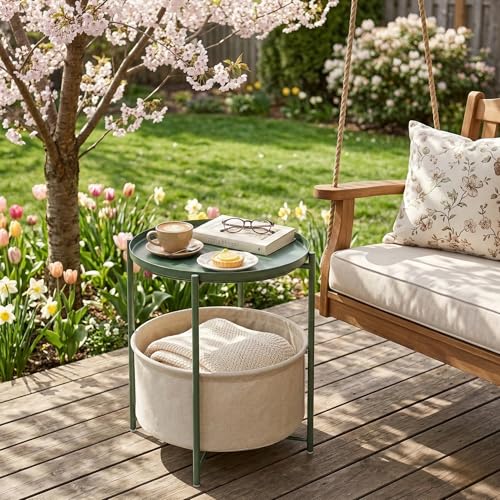danpinera Small Round Side Table with Storage Basket, Removable Tray Top | Metal End Table for Small Space, Living Room, Bedroom, Nursery, Laundry, Modern Nightstand with Removable Tray, Green - color: Dark Green