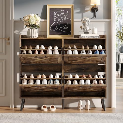 Maupvit Large Shoe Storage Cabinet with 4 Flip Drawers, Narrow Shoe Cabinet for Entryway with Wooden Legs, Freestanding Hidden Shoe Rack Organizer ＆ Metal Hinges, Rustic Brown - color: Rustic Brown, style: 4-Drawers