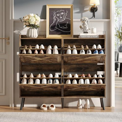 Maupvit Large Shoe Storage Cabinet with 4 Flip Drawers, Narrow Shoe Cabinet for Entryway with Wooden Legs, Freestanding Hidden Shoe Rack Organizer ＆ Metal Hinges, Rustic Brown - color: Rustic Brown, style: 4-Drawers