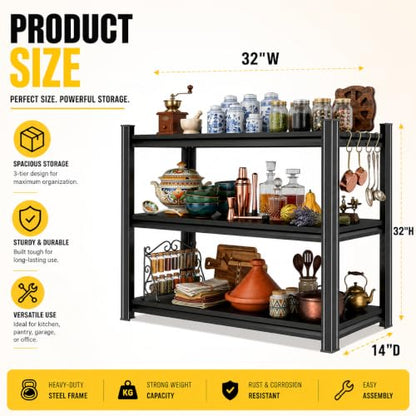32"H x32"W Bakers Rack, 3-Tier Adjustable Kitchen Storage Rack, Highly Stable Metal Microwave Stand with Storage, 400lbs Per Tier Corner Display Shelf, Suitable for Kitchen Pantry Dinning Room, Black - size: 3T-32"H*32"W*14"D