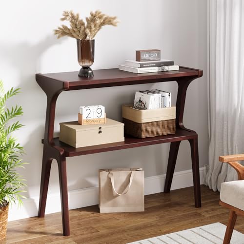 Tribesigns Solid Wood End Table, 2-Tier Farmhouse Side Table with Storage Shelves, Slim Side Table for Couch with Unique Legs, Long Bedside Table for Bedroom, Living Room, Burgundy - color: Burgundy