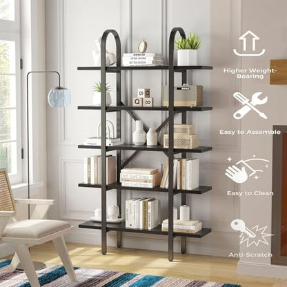 Wide Bookshelf Arched Bookcase, Industrial 5 Tier Open Book Shelves with Metal Frame, 72" Tall Freestanding Heavy Duty Display Rack for Home Office, Living Room,Black,Easy Assembly - color: Black, size: 5 Tier Arched Wide