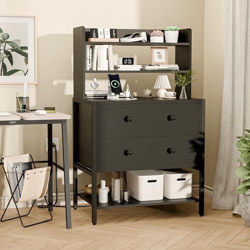 39 Inch Tall Nightstand with 2 Drawers & Charging Station, Black | 4-tier Open Shelves, P2 Particle Board, Steel Frame, 2 AC Outlets, 2 USB Ports, Suitable for Dorm and Apartment - color: Black