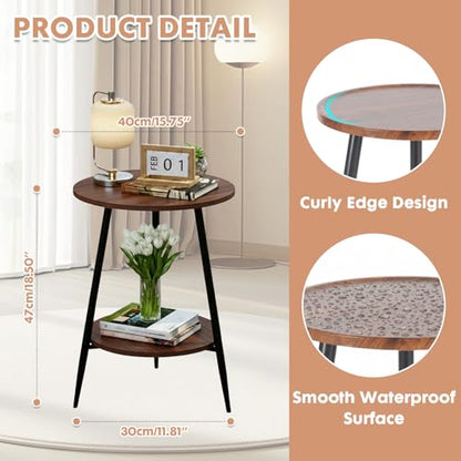 ShellKingdom Small Round Side Table, 2 Tier Wood End Table for Indoor Outdoor Bedroom Living Room Home Office Nightstand with Metal Frame (Walnut)