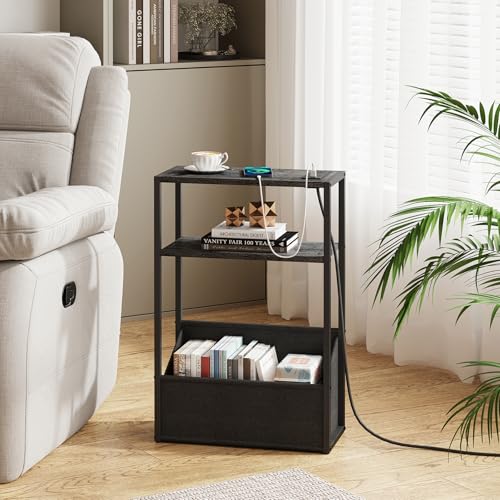TUTOTAK Keep Phones Charged & Books Organized with Slim 3-Tier Side Table with Charging Station for Living Room Bedroom Charcoal Grey TB01BY095 - color: Charcoal Grey