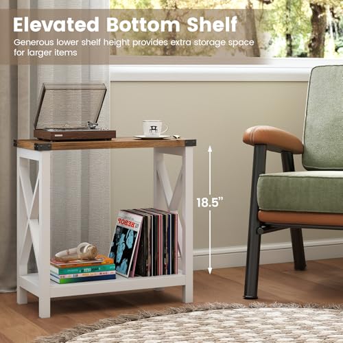 Hadulcet Farmhouse End Tables Living Room Set of 2, Narrow Side Table with Charging Station, Slim Nightstand for Small Space, Skinny Bedside Table, Sofa Side Table with Storage Shelf, White & Brown - color: White & Warm Brown