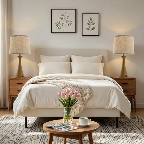 Touch Lamp for Living Room Bedroom, 21" Table Lamps Set of 2 with USB C+A Ports and Oatmeal Lamp Shades, Touch Bedside Lamps for Nightstand with 3 Way Dimmable, 2 LED Bulbs Included, Wood Grain - color: Wood Grain