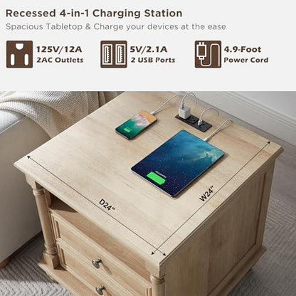 T4TREAM 24" Farmhouse Nightstands with 2 Drawers, Natural Oak | 4 Solid Wood Feet, Charging Station, Tall Rustic Wood Square, Sofa Side Table, Living Room, Bedroom - color: Natural Oak