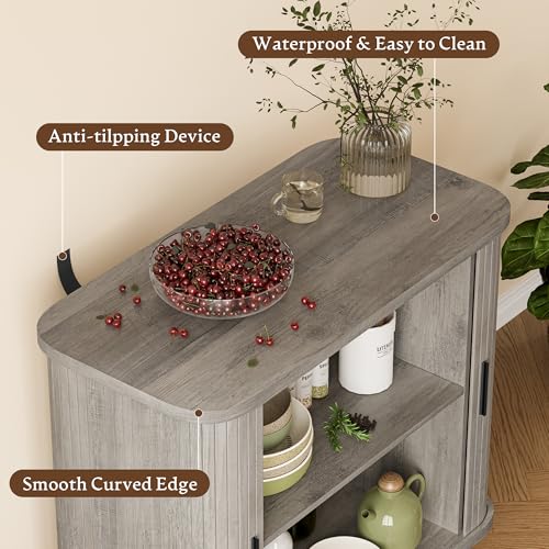 Sideboard Buffet Cabinet with Sliding Door, 31.5" Wide Fluted Modern Accent Storage Cabinet with Adjustable Shelves, Wood Coffee Bar Buffet Console Table for Kitchen, Dining Room, Living Room, Grey - color: Grey