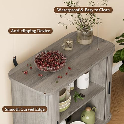 Sideboard Buffet Cabinet with Sliding Door, 31.5" Wide Fluted Modern Accent Storage Cabinet with Adjustable Shelves, Wood Coffee Bar Buffet Console Table for Kitchen, Dining Room, Living Room, Grey - color: Grey