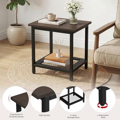 2-Tier Outdoor Side Table with Storage, Weather Resistant Patio End Table, HDPS Small Accent Table for Deck, Garden, Pool, Backyard, Brown - color: Brown