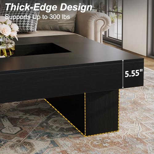 LVB Black Coffee Table, Modern Wood Led Living Room Table with Storage, Unique Large Wide Rectangle Center Table with LED Light, Contemporary low Tea Table for Bedroom Home Office, 47.24 In, Black Oak - color: Black Oak