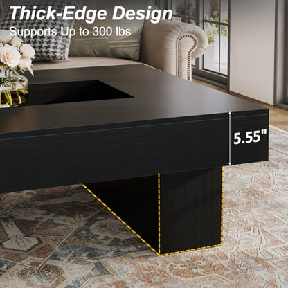 LVB Black Coffee Table, Modern Wood Led Living Room Table with Storage, Unique Large Wide Rectangle Center Table with LED Light, Contemporary low Tea Table for Bedroom Home Office, 47.24 In, Black Oak - color: Black Oak