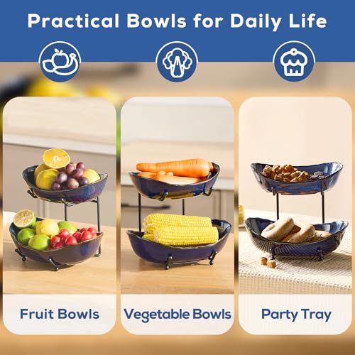 DUJUST 2 Tier Fruit Bowl, Kiln Altered Glaze Ceramic Fruit Stand, Stackable & Easy to Store, Multifunctional Serving Tray for Fruit/Vegetables/Snacks, Microwave & Dishwasher Safe - Dark Blue - color: 2-Tier Dark Blue