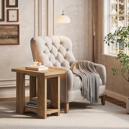 LITTLE TREE 2-Tier Side Table, Farmhouse End Table with Storage Shelves, Small Nightstand Wooden Beside Table Bed Side Table for Small Spaces, Living Room, Bedroom, Light Brown - color: Light Brown