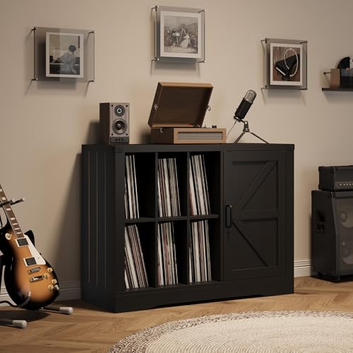 Vinyl Record Player Stand with Storage, 39.4" Farmhouse Turntable Stand Cabinet with Barn Door, Holds 750+ LP Albums, Wooden Stereo Cabinet & Media Console Display Shelf for Living Room, Black