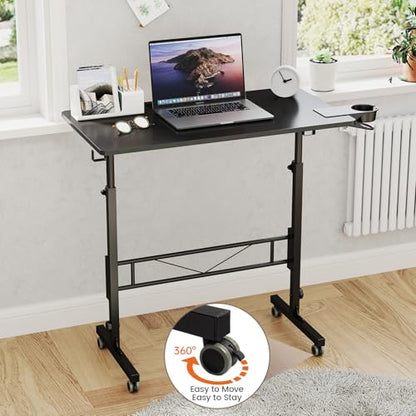 Hadulcet Small Standing Desk Adjustable Height, Mobile Stand Up Desk with Wheels, Portable Walking Pad Table Stand, Rolling Laptop Cart for Standing or Sitting, Black - color: Black