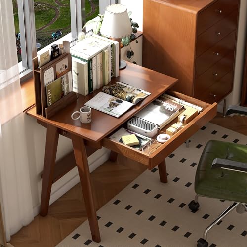 100% Solid Rubber Wood Desk Home Office Desk Mid Century Modern Writing Computer Desk with Drawer for Home Office 31" - color: Teak-rubberwood, size: 31.49"W