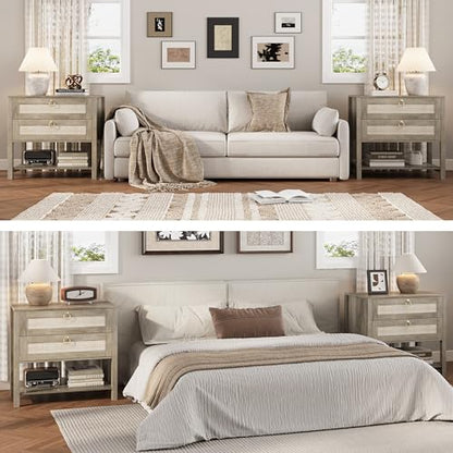 Xixini Rattan Nightstand with 2 Drawers and Open Shelf, 27" Wide Boho Bedside Table with Brass Knobs, Mid-Century Modern Wooden End Table for Bedroom, Grey - color: Grey