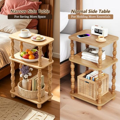 Small Side Table, 3-Tier End Table, Natural Wood | Farmhouse Style, Modern Accent, Narrow Design for Small Spaces, Bedroom & Living Room - color: Natual Wood, size: Standard