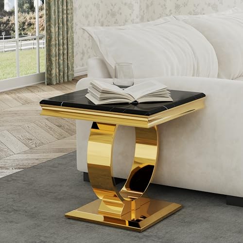 Asday Gold End Table, Modern Black Living Room Side Table with Gold Metal U-Base, Square End Table for Sofa Couch, Living Room, Bedroom, Office - color: Black, size: Set of 1