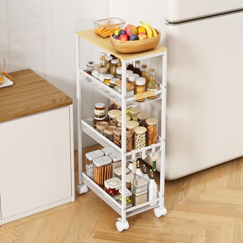 Utility Slim Storage Cart, 4 Tier Rolling Cart with Wheels, Laundry Shelves with Wood Top, Narrow Cabinet for Bathroom Organization, Small Organizer for Kitchen, Office and Dorm (White, 9.1'') - color: White, size: 9.1''