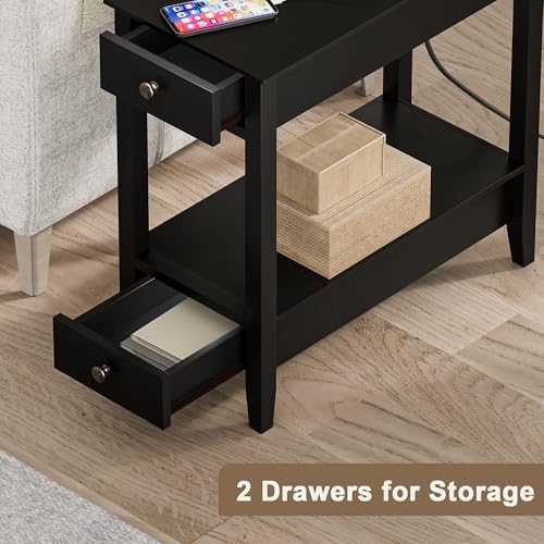 Treocho End Tables Living Room Set of 2 with Charging Station and 2 Drawers | Narrow Side Table with Ample Storage, Sofa Bedside Table for Small Spaces, Living Room, Bedroom, Black - color: Black
