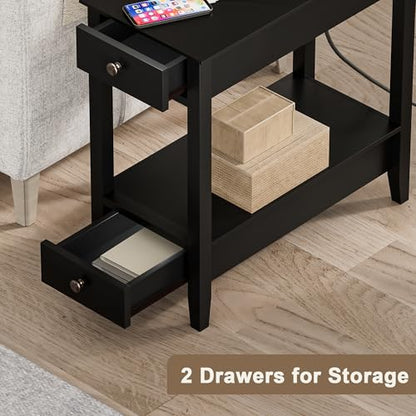 Treocho End Tables Living Room Set of 2 with Charging Station and 2 Drawers | Narrow Side Table with Ample Storage, Sofa Bedside Table for Small Spaces, Living Room, Bedroom, Black - color: Black