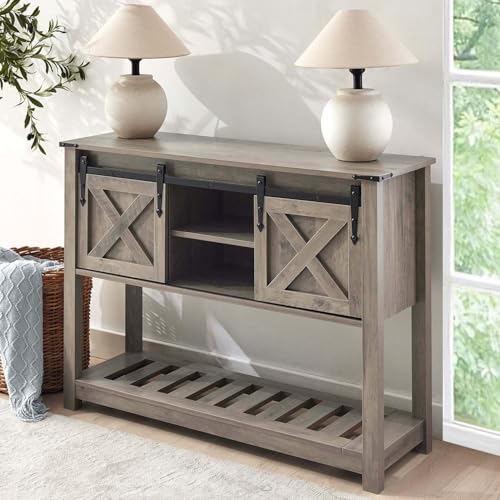 Grey Farmhouse Entryway Table, Rustic Hallway Table with Storage Shelf, Sofa Table with Sliding Barn Doors for Hallway, Entryway, Living Room, Foyer - color: Grey