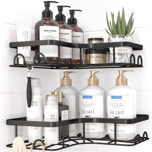 Sakugi Corner Shower Caddy - 2 Pack, Adhesive Shower Organizers, Rustproof Stainless Steel Shower Shelves with 8 Hooks, No Drilling Bathroom Organizers and Storage Racks, Space-Saving, Black, Medium - color: Black, size: Medium