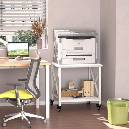 Printer Stand, 23.6 x 23.6 Inches Large Printer Stand with Storage Shelf, 2 Tier Printer Table for Home Office, Rolling Printer Cart with Industrial Wheels, Mini Fridge Stand Table, White - color: White