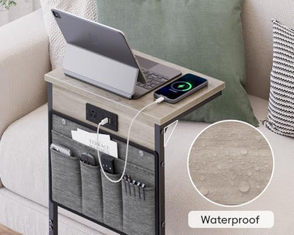 C Shaped End Table with Charging Station, 28" Tall Couch Side Table, Sofa Table Beside Table, Slide Under Sofa Arm C Table for Small Spaces, TV Tray Table for Living Room, Bedroom, Gray - color: Grey