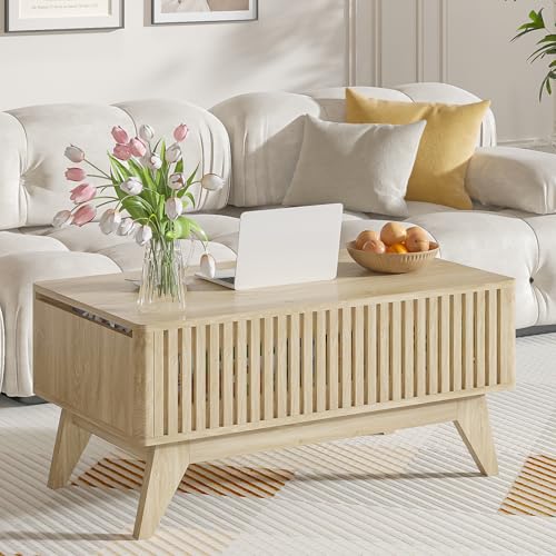 Lift Top Coffee Table with Hidden Compartment, Mid Century Modern Coffee Table for Living Room, Fluted Design Farmhouse Center Table with Storage (Wood, 35.4" W) - color: Wood