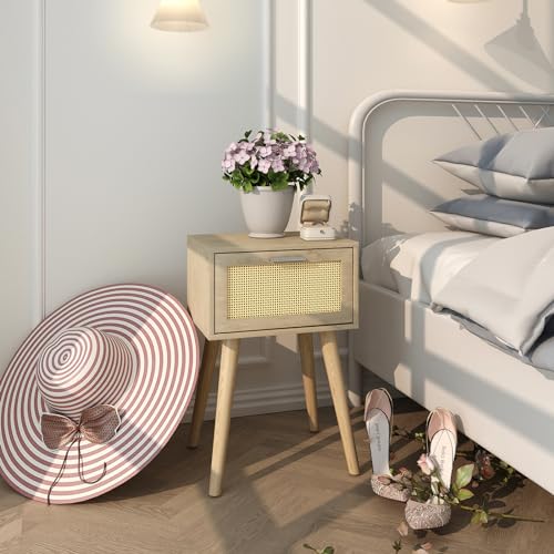 LAATOOREE Nightstand Set of 2, Small Bedside Table, Boho Side End Table, Rattan Door, Solid Wood Feet for Bedroom and Living Room - color: Natural, style: Boho Style