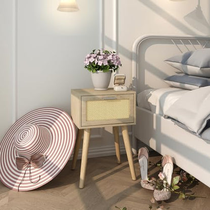LAATOOREE Nightstand Set of 2, Small Bedside Table, Boho Side End Table, Rattan Door, Solid Wood Feet for Bedroom and Living Room - color: Natural, style: Boho Style