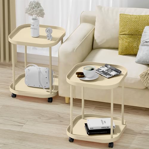 Side Table with Wheels, End Table Living Room Plastic Mobile Sofa Side Table Small Night Stand Bedroom Khaki (2 Pack) - color: Khaki, size: 2 Pack