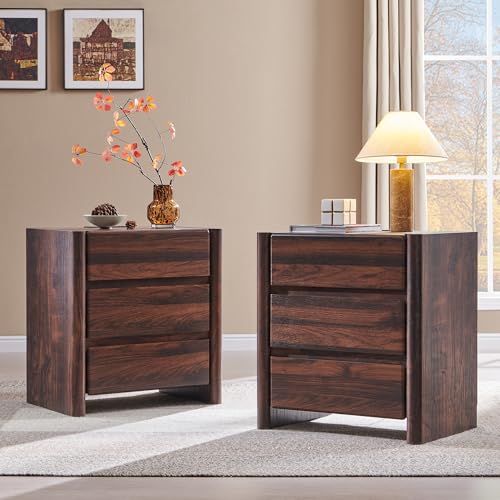 25" Tall Modern Nightstand Set of 2, 23.6" W Night Stand with Charging Station & 3 Handleless Storage Drawers, Wood Nightstands w/Rounded Corner Design for Bedroom (Brown) - color: Brown, size: 3 Drawers