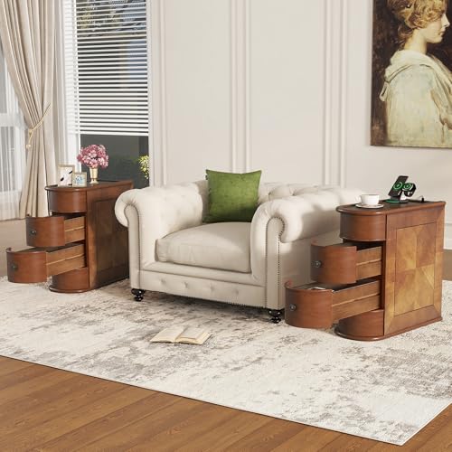 Multifunctional Classic End Table with Charging Station, Sofa Side Narrow Table Bedside Nightstand with Drawers, No Assembly Required - color: Walnut-6.26