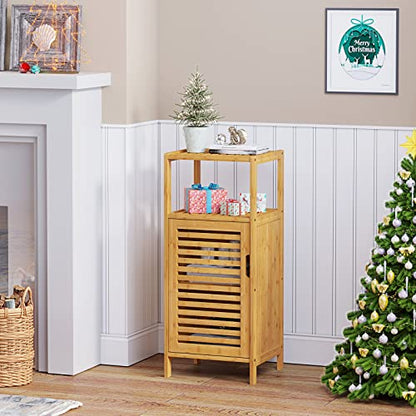 VIAGDO Bamboo Cabinet, Bathroom Storage Cabinet with Single Door and Shelf, Freestanding Bathroom Cabinet, Kitchen Cupboard, Sofa Side Table for Living Room/Hallway/Kitchen
